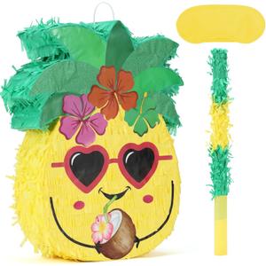 Pineapple Pinatas Bundle with a Blindfold and Bat (15.4x13x4 Inches), Perfect for Summer Beach Theme Birthday Party Supplies, Hawaiian Tropical Fruit Party Decoration Games