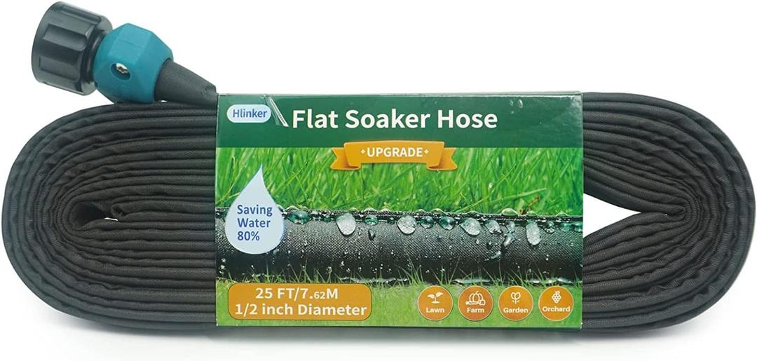 Hlinker Flat Soaker Hose 25 FT for Garden Beds, 25Ft 1/2" Linkable Consistent Drip Irrigation Hose Save 80% Water, Leakproof Heavy Duty Double Layer Sprinkler Hose