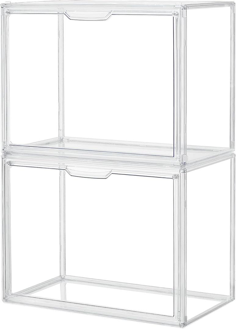 Clear Storage Bins with Lids, 2 Pack Acrylic Display Case with Magnetic Door for Cosmetic Collectibles Large Figures Models, Stackable Acrylic Storage Box for Home Office Living Room Dorm