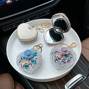 WIizyzfhy 1Pcs Rhinestone Compact Mirror Heart Keychain, Portable Double-Sided Makeup Mirror with Key Ring Cute Bling Folding Cosmetic Mirror Keychain for Purse Travel Gift (Random Color/Style)