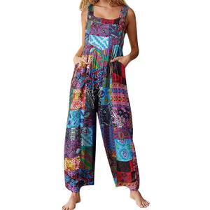 Himosyber Women's Patchwork Dual Pocket Jumpsuit Loose Floral Print Bohemian Wide Leg Bib Overall (Size Medium, #1blue)