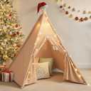 Sumbababy Kids Teepee Tent Indoor, Washable Cotton Canvas Play Tent with Tassel Trim, Foldable Toddler Tent for Girls & Boys Sleepover Party, Gift Set with Star Lights, Banner & Carry Bag, Khaki