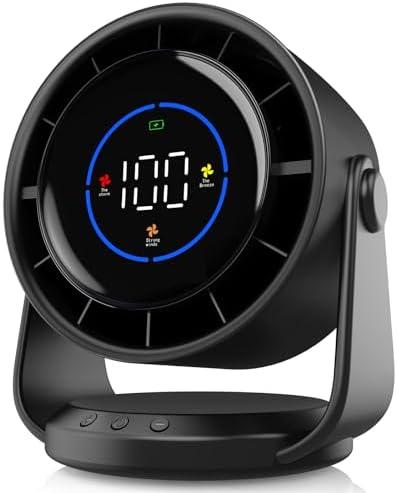 YOSHENMO Desk Fan, Turbo Table Fan for Bedroom, 100-Speed Digital Display, Low Noise, 105° Adjustable Tilt, 7.5-inch, Rechargeable Battery, Wall-Mouted Design for Home, Office, Travel Dark Black