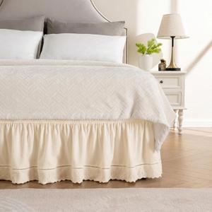 MIYE Wrap Around Ruffled Lace Bed Skirt, Elastic Dust Ruffle with Adjustable Belts, Easy to Put On, Bed Frame Cover, Machine Washable (Embroidered/Light Beige, King/Queen-15 Drop)