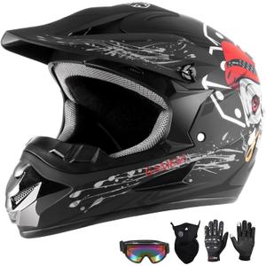 Youth Kids Dirt Bike Motocross Helmet (Goggles Gloves Face Mask) 4PCS Set, DOT Approved Full Face Motorcycle Helmets,ATV BMX MX Mountain Bike Off Road Kid Helmet (Black SkullM) (Medium)