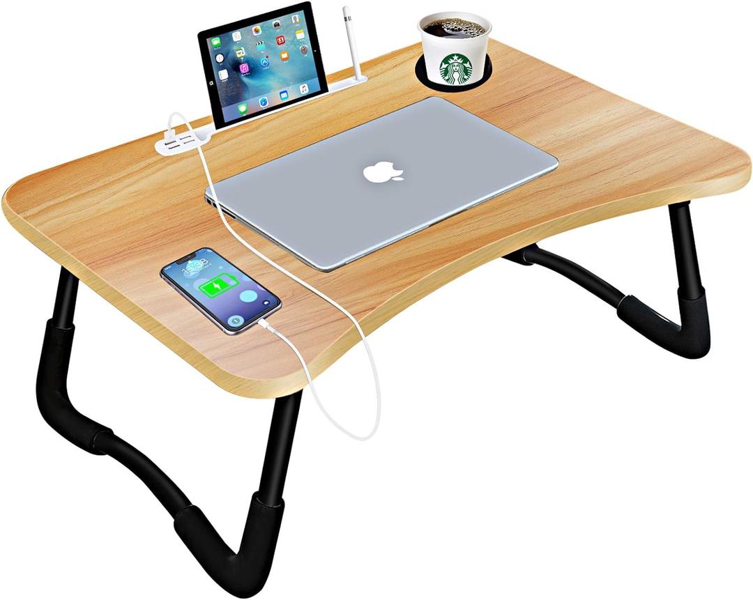 ICARE Laptop Bed Desk, Portable Foldable Laptop Lap Desk Tray Table with USB Charge Port/Cup Holder/Storage Drawer, for Bed/Couch/Sofa Working, Reading (Wood)