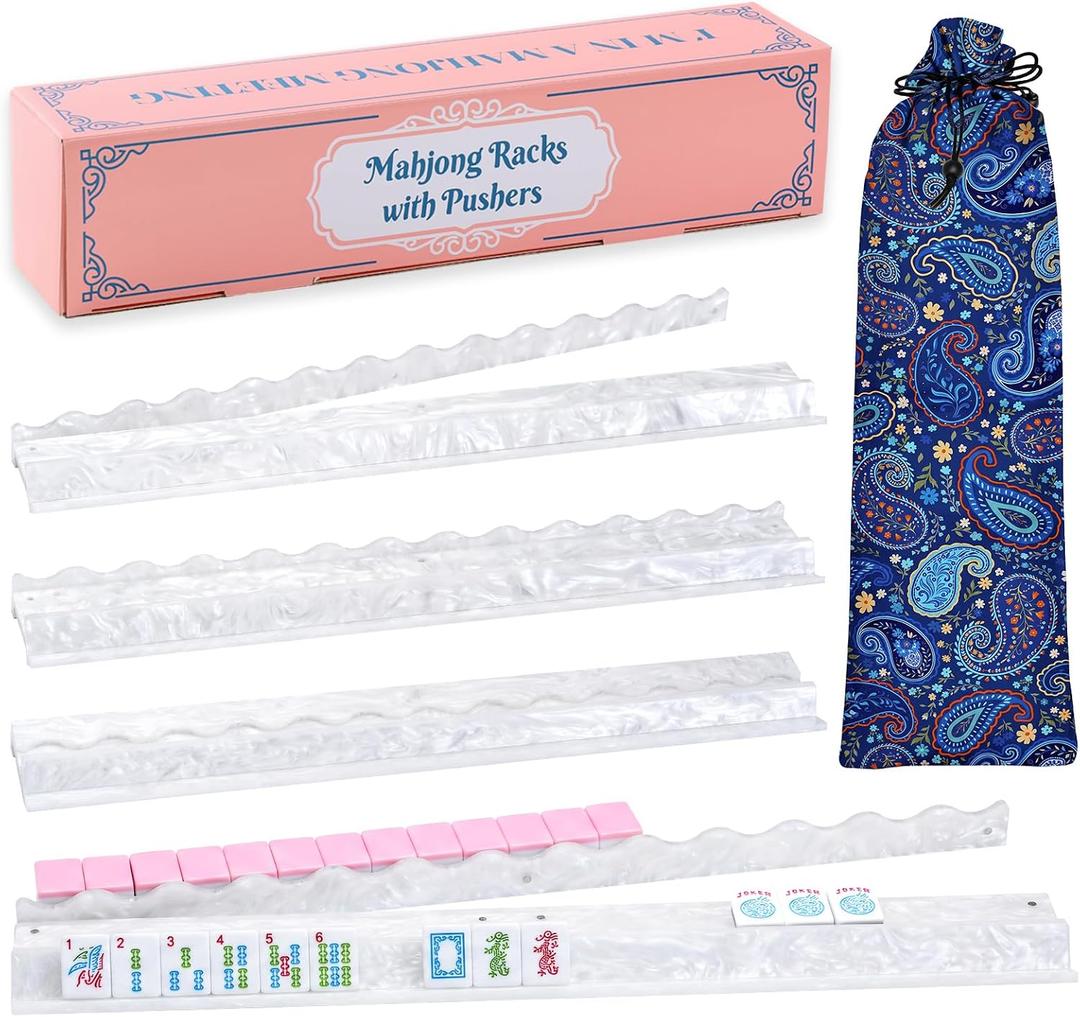 4-Pack American Mahjong Racks with Pushers(19.7"), White Acrylic Holders for American Mahjong Game Tiles, Scalloped