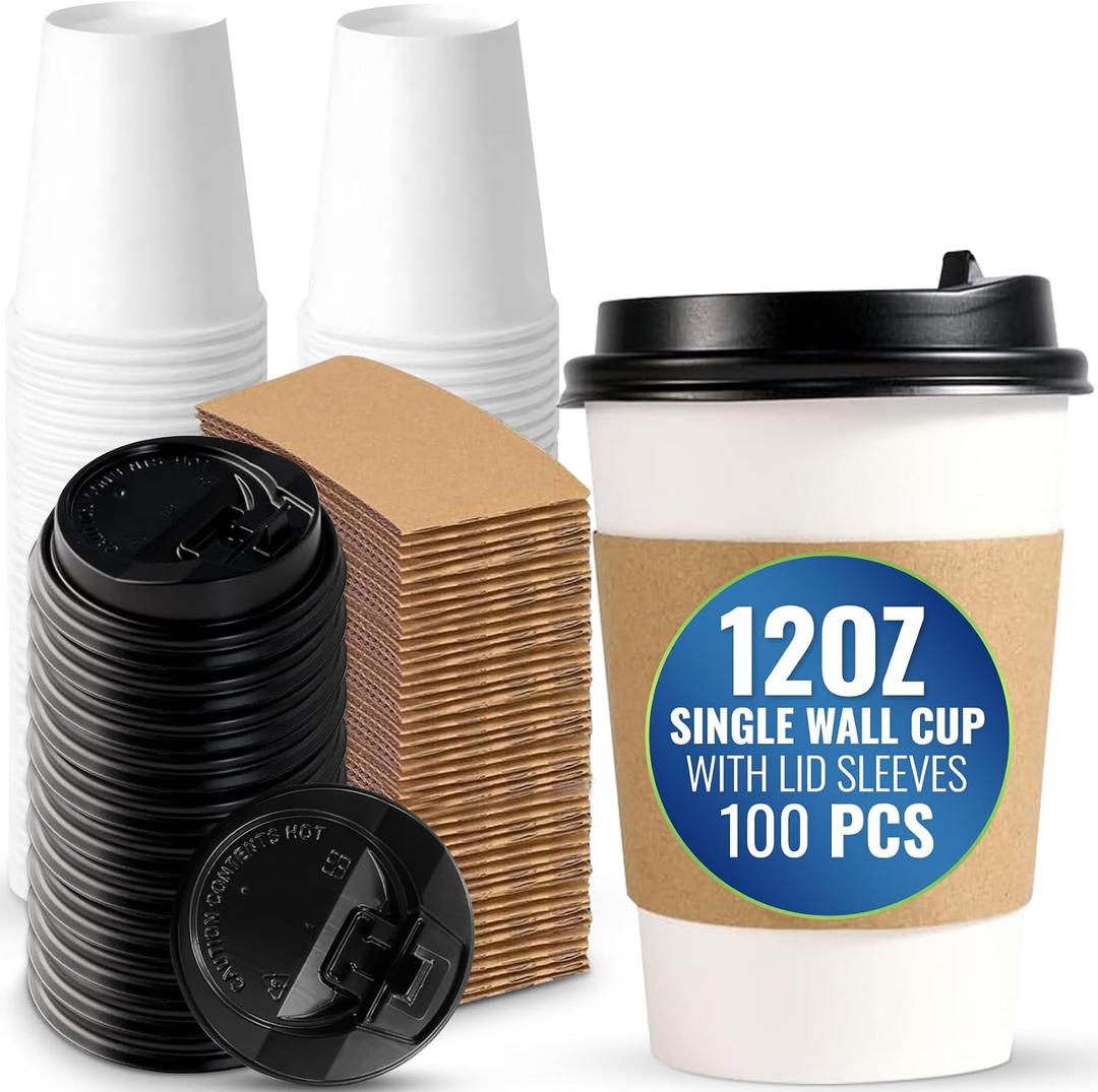 SNH Packing 100 Pack 12 oz Single Wall Disposable Coffee Cups with Lids and Sleeves Leak-Proof Hot Beverage Cups, Eco-Friendly To Go Paper Cups, Sturdy, Insulated, Compostable White Coffee Cups
