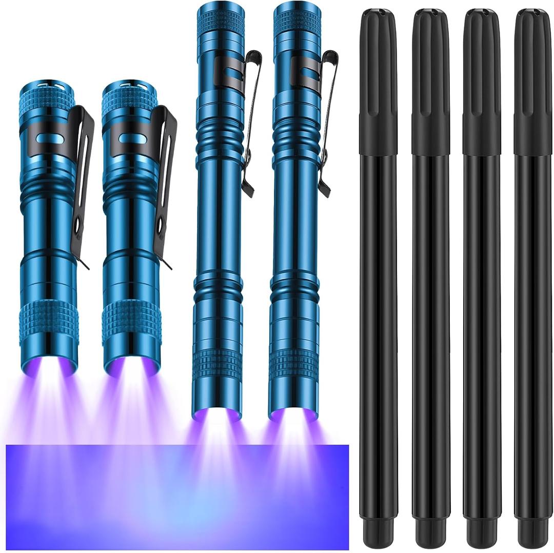 Tegeme 8 Pcs Black Light Markers Set 4 Invisible Ink Pen 4 Mini UV Flashlights Invisible Ink Marker Disappearing Pen for Spy Gadgets Secret Message Gift Party Favors(Blue and Black)