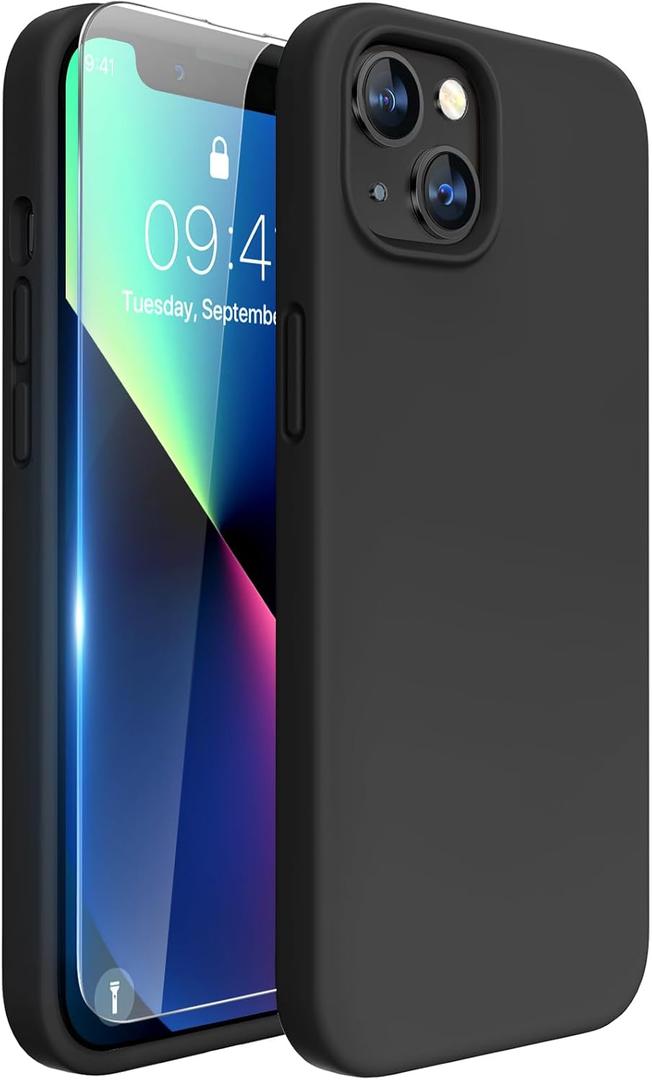 Miracase Designed for iPhone 13 Case, with Tempered Glass Screen Protector, [Soft Anti-Scratch Microfiber Lining], Shockproof Liquid Silicone Rubber Phone Cover Case for 13 6.1 inch, Black