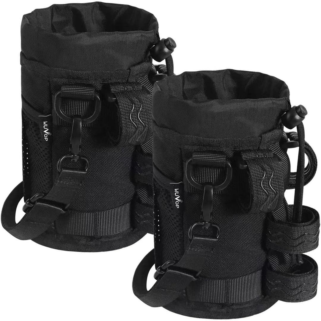 WUVOP Bike Cup Holder, Water Bottle Holder for Bike Handlebar with Mesh Pockets, Universal Cycling Bicycle Water Bottle Drink Cup Cage for Cruiser, Scooter, Mountain Bikes, Road Bikes, Wheelchair (2 Pack-Black (Shoulder straps))