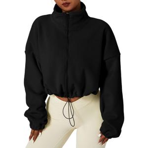 QINSEN Women's Full Zip Fleece Short Jacket Warm Winter Long Sleeve Stand Collar Sherpa Crop Coat (Medium, Black)