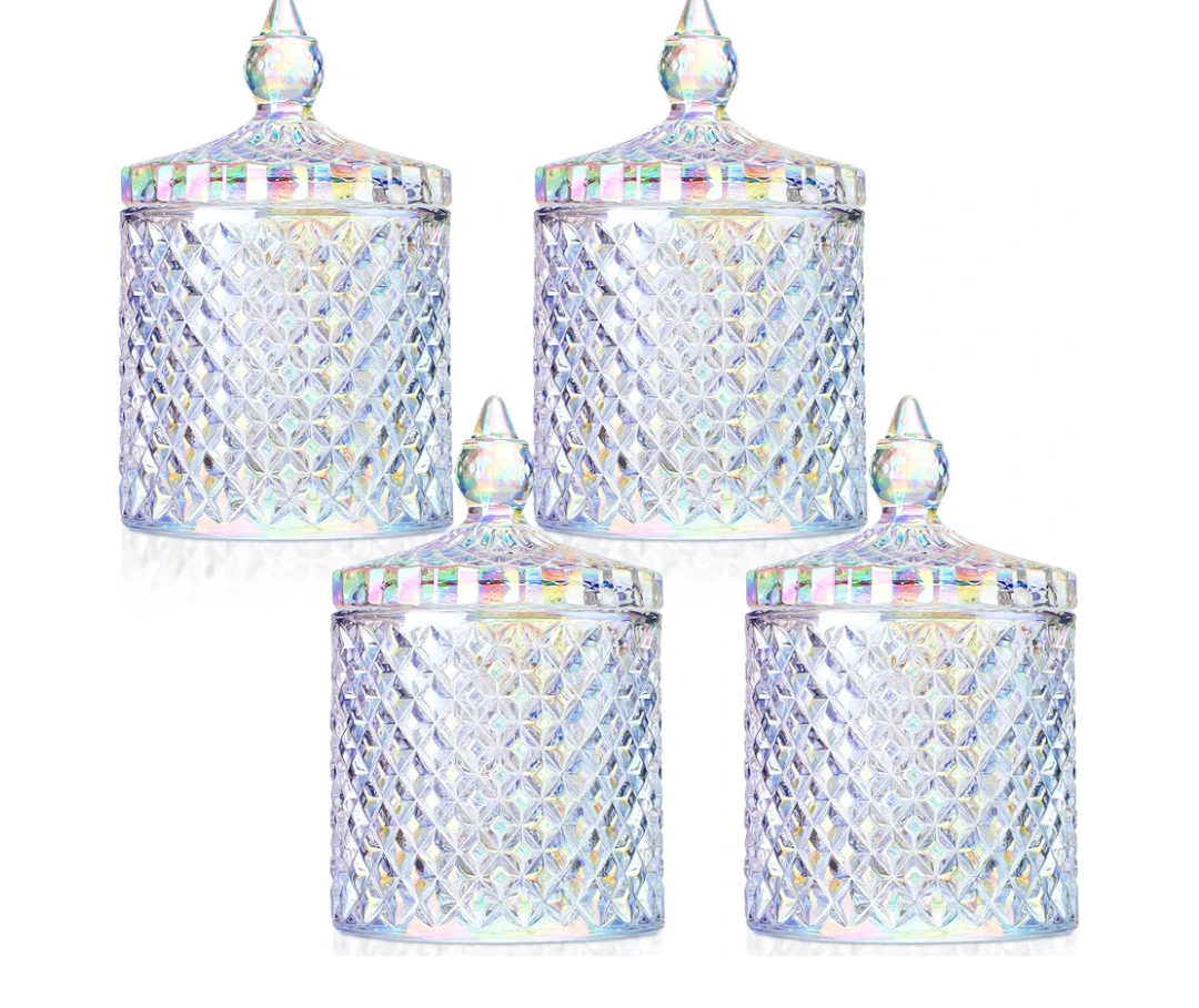 Aoriher 4 Pcs Crystal Glass Candy Jar Set with Lids Home Decorative Storage Jars for Apothecary, Bathroom, Kitchen, and Pantry, Ideal for Cotton Swabs and Jewelry(Medium,Rainbow)