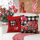 Fahrendom Hello Valentines Day Decorative Throw Pillow Covers 18 x 18 Set of 4, Red Heart Truck Buffalo Plaid Porch Outdoor Pillowcase, Romantic Anniversary Wedding Sofa Couch Cushion Case Home Decor