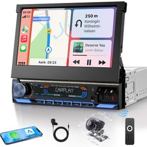 2026 Single Din Car Stereo with Wireless Apple CarPlay & Android Auto, 7-inch HD Motorized Flip Out Touchscreen Head Unit, Upgrade Type-C Fast Charge/USB/Bluetooth 5.1/DSP/AM/FM Radio Receiver