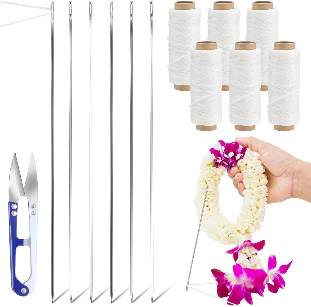 Leriton 13 Pcs Lei Needle Kit Include 6 Pcs Stainless Steel Long Needle 6 Twine 1 Sewing Scissors for DIY Marigold Garland Hawaiian Flowers Bead Stitch Craft(14'',Basic Style)