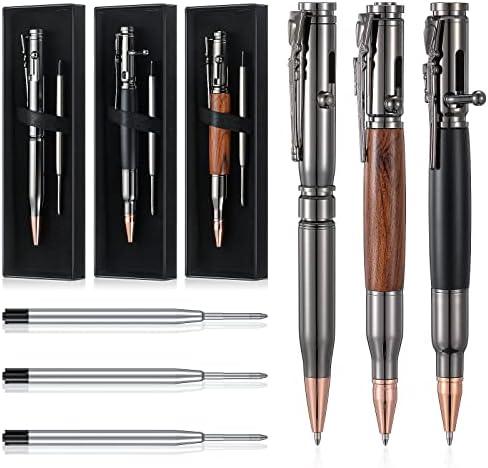 Crtiin 3 Sets Bolt Bullet Pens for Men Bullet Pen for Collector Lover with Gift Box and Black Ink Refills Christmas Thanksgiving Party Gifts(Wood Gray Black)