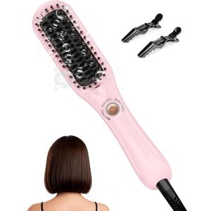 LANDOT Mini Hair Straightening Brush - Compact Ionic Straightening Brush for Frizz-Free Smooth Hair, Lightweight Hot Comb & Travel-Friendly Flat Iron, Blush