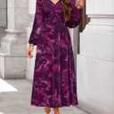 ZESICA Women's Floral Long Sleeve Midi Dresses 2026 Fall Boho V Neck Belted High Wasit Flowy Wedding Cocktail Party Dress (Purple, M)