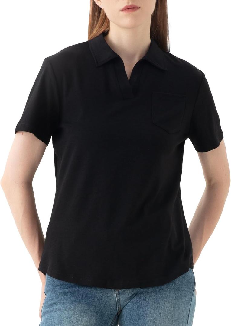 Women's V-Neck Ruffle Design Polo Shirts Short Sleeve Collared Loose Casual Tunic Blouses with Pocket (M)