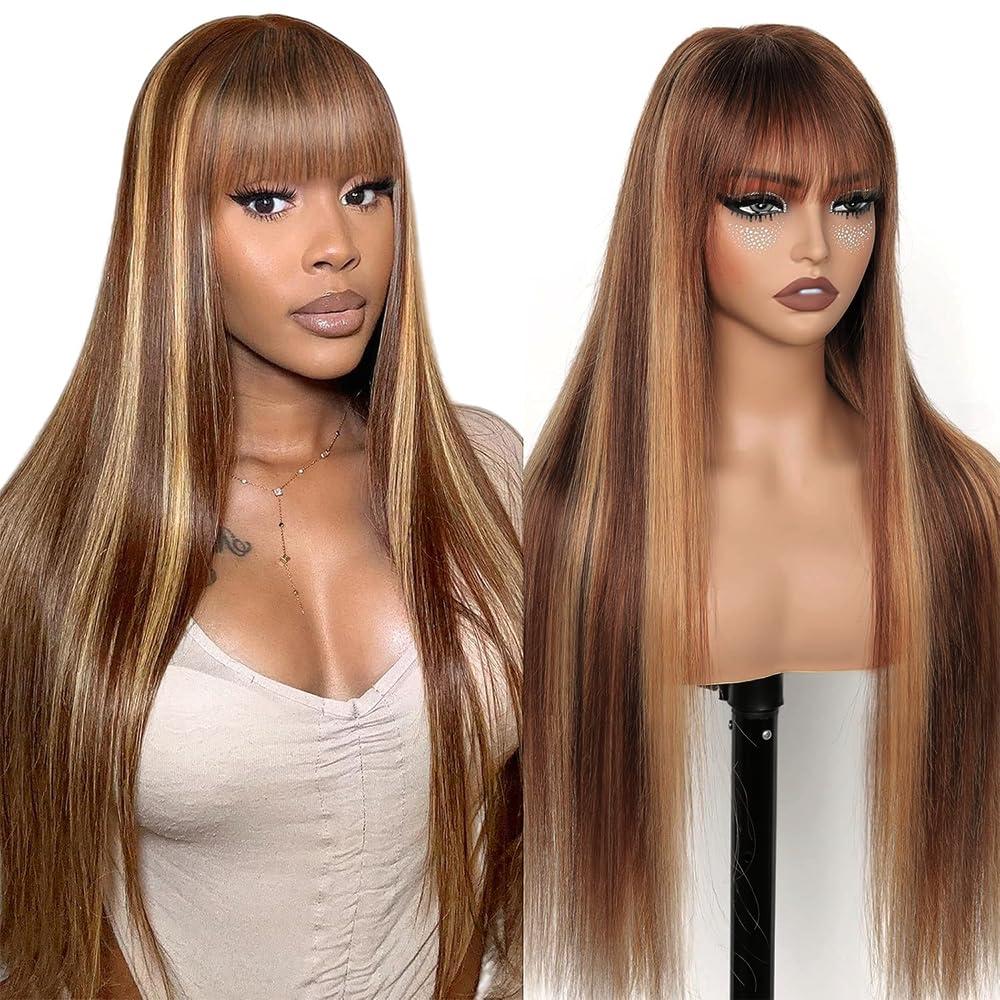 Blonde Highlight Wig with Bangs for Women Long Blonde Mixed Brown Straight Wigs 26 Inch Honey Blonde Wigs Natural Looking Heat Resistant Synthetic Wig for Daily Party Use