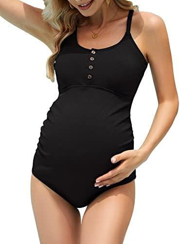American Trends Maternity Swimsuit Button Down One Piece Maternity Bathing Suit Cross Back Swimwear L