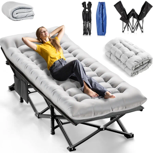 Camping Cots for Adults, Upgraded Folding Camping Cot Heavy Duty Sleeping Cots Bed 1200D Double Layer Oxford Camping Cot Mattress with Flannel Blanket for Home Office Nap Beach Travel, 550LBS