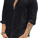 Mens Long Sleeve Linen Shirts Casual Button Down Shirt Regular Fit Summer Beach Wedding Shirts (Black, XL)