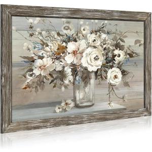 Abstract Flowers Framed Wall Art: Vintage Floral Bouquet in Vase Wooden Artwork Picture Print Rustic Nature Scenery Plant Painting for Living Room Dinning Room Bedroom, 45"L x 30"W