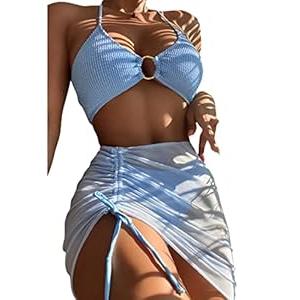 MakeMeChic Women's 3 Piece Bathing Suits Halter Ring Bikini Set with Cover Up Skirt Light Blue M