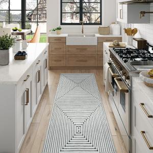 LIVEBOX Ultra-Thin Hallway Runner Rug 2.5x12, Modern Geometric Washable Kitchen Runner Rugs, Non Shedding Indoor Carpet for Entryway Laundry Room Bathroom (03-ivory Gray/Black)