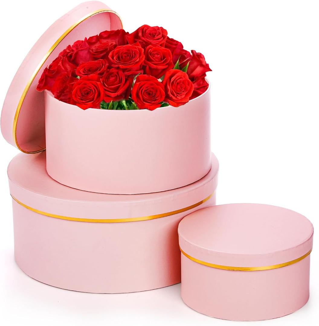 Coloch 3 Pcs Round Gift Boxes with Lid, Pink Flower Box with Golden Rim Nested Party Favor Boxes for Flower Arrangement, Birthday, Wedding, Valentine's Day, Anniversary, Pink, Small, Medium, Large