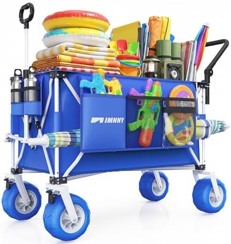 Aimnny 400L Extra-Large Beach Wagon, 48" Heavy Push & Pull Folding Cart | 9"x4" All-Terrain Wheels with Dual Brake System, 600 lb Capacity, Compact Fold, Fits in Car Trunks, Multi-Use Utility Cart(the bolt that holds the wheel was cut off)