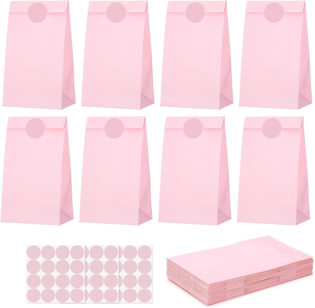 woric 36PCS Pink Paper Bags with Stickers, Small Pink Party Favor Bags for Girls Birthday Self Stand Goodie Gift Bag for Kids Baby Shower Wedding Mother's Day Decor