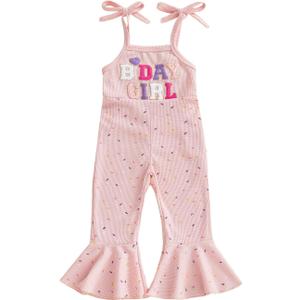 Socutebabe First 2nd 3rd 4th 5th Birthday Outfit Girl B Day Jumpsuit Toddler Halter Romper Bell Bottoms Outfits For Girls (B Day Girl Donut Pink, 2-3T)