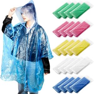 Cididu 20 Pack Disposable Rain Ponchos for Adults, Clear Plastic Emergency Raincoats with Hood, Individually Wrapped Bulk Rain Ponchos Waterproof Family Pack Camping