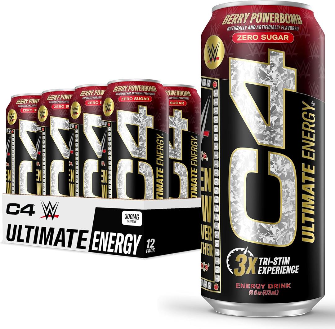 Cellucor C4 Ultimate x WWE | Pre Workout Sugar Free Energy Drink | Tri-Stim Experience with 300mg Caffeine + TeaCrine + Dynamine | Berry Powerbomb | 16oz (Pack of 12) Best By 12/2025