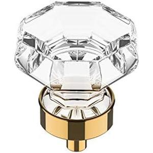 Alzassbg 10 Pack Clear Crystal with Gold Cabinet Knobs, 1-3/8 Inch(35mm) Cabinet Hardware Octagon Glass Crystal Knobs for Drawers AL1021