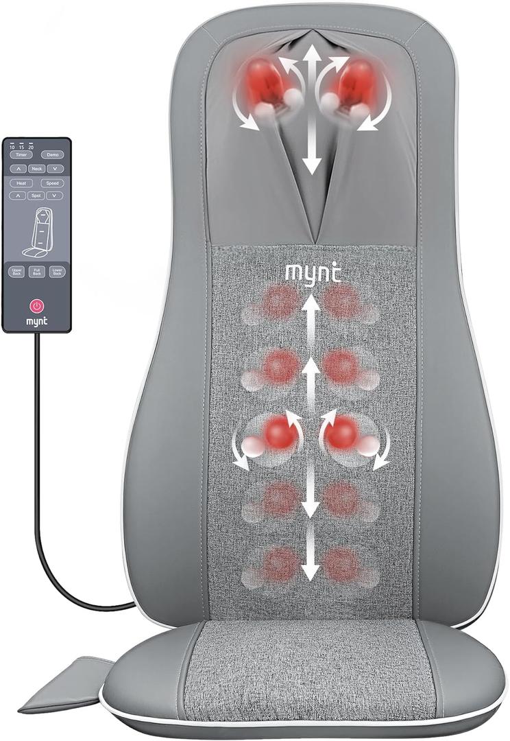 Mynt Shiatsu Neck and Back Massager with Heat, 3D Kneading Full Back Massager for Pain Relief Deep Tissue, Foldable Adjustable Chair Massager for Home Office, Gray