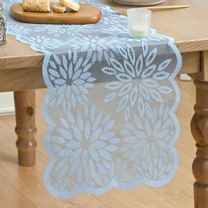 Artoid Mode Blue Lace Jacquard Dahlia Spring Table Runner, Seasonal Summer Flower Kitchen Dining Table Decoration for Home Party Decor 13x72 Inch