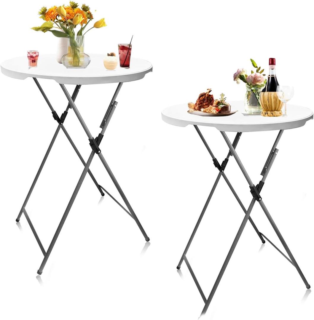 32in Round Folding Cocktail Table High Top-Tall Bar Table with Detachable Legs, Portable Bar Height Folding Table Outdoor Indoor Use for Events Parties Wedding Patio(White, 2 PC), Round, 32-inch diameter x 43.3-inch height