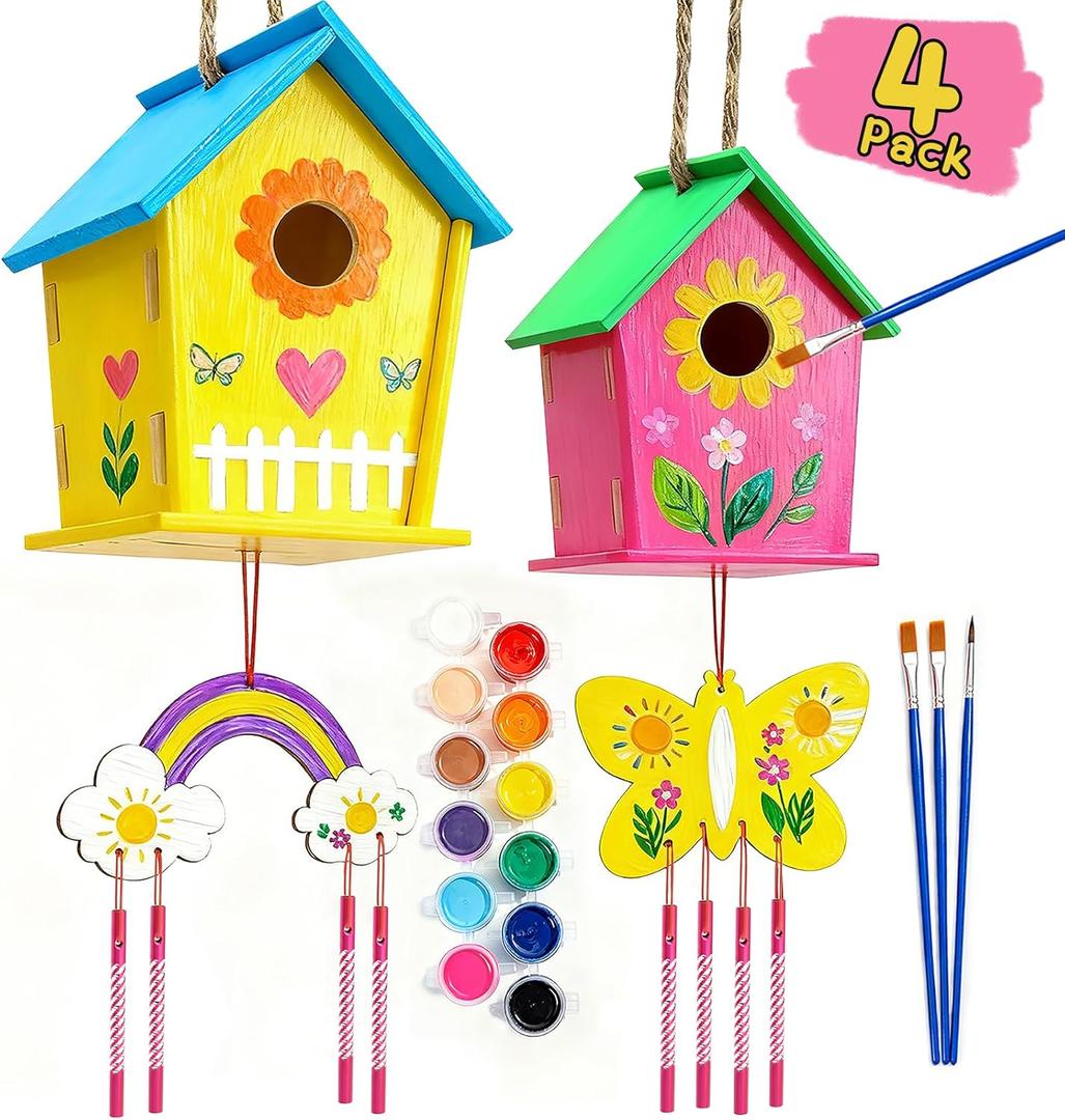 Ladwon Crafts for Kids Ages 4-8 - 4 Pack DIY Bird House Wind Chime Kit - Build and Paint Birdhouses Wooden Arts Kits Easter Basket Stuffers Gifts for Girls Kids Boys Toddlers Ages 3-5 4-6 6-8 8-12