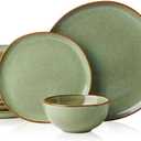 Stoneware Dinnerware Sets for 8, Reactive Glaze Plates and Bowls, Green