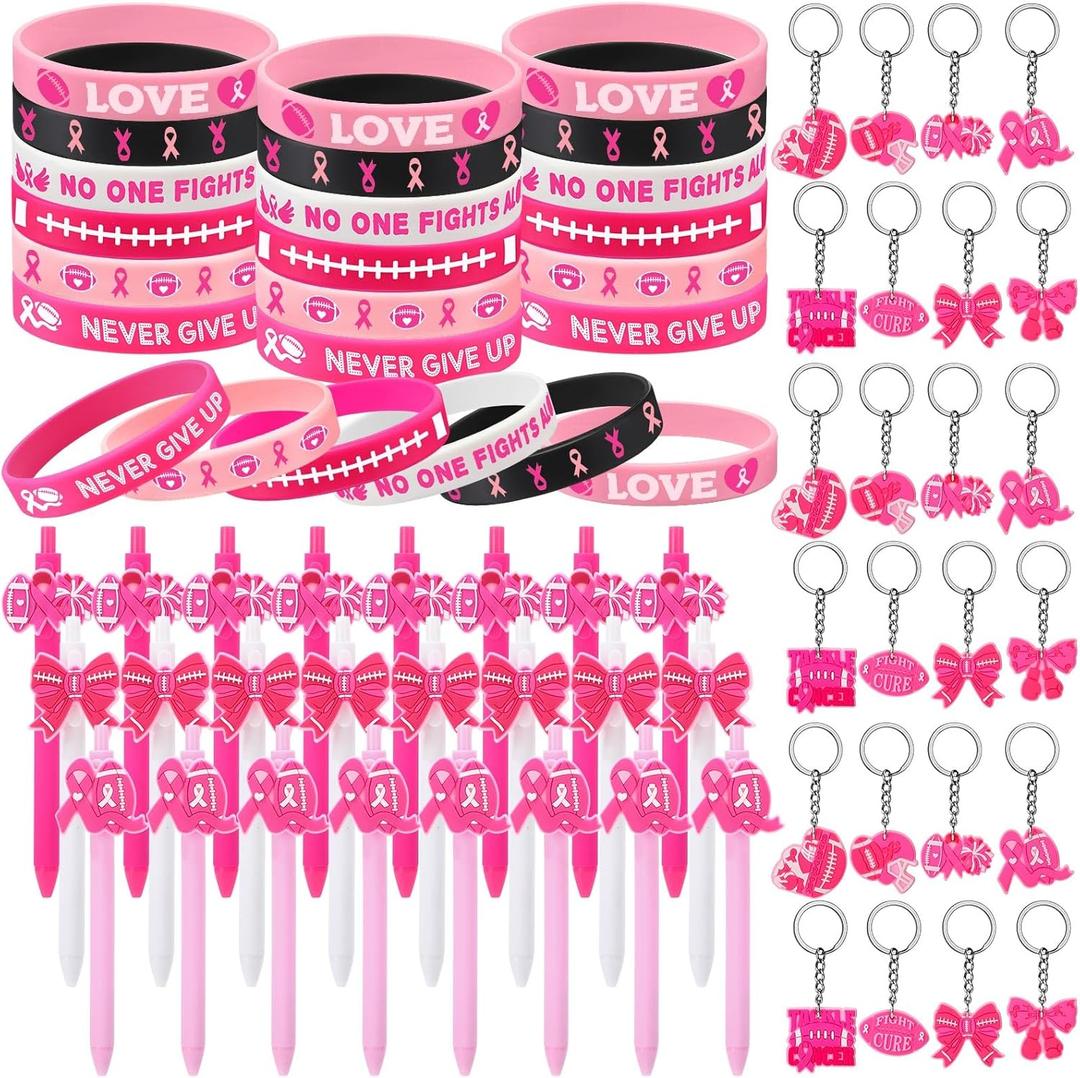 72/144 Pcs Football Breast Cancer Awareness Bracelets Gift Set Includes Pens Silicone Bracelets and Keychains for Football Accessories Pink Ribbon for Women Men Team Events Fundraisers Gifts