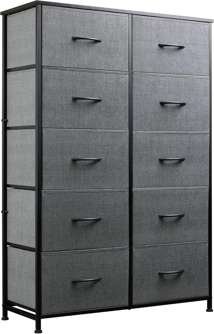 WLIVE Grey Dresser for Bedroom with 10 Fabric Drawers, Tall Organizer Units for Living Room, Clothing, Closet, Storage Tower with Cabinet, Metal Frame, Wooden Top, Furniture