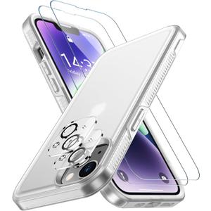 SPIDERCASE for iPhone 14 Case/iPhone 15 Case, [15 FT Military Grade Drop Protection][Non-Slip] 2 Pack [Tempered Glass Screen Protectors+Camera Lens Protectors] Heavy Duty Shockproof Case,Frosted Clear