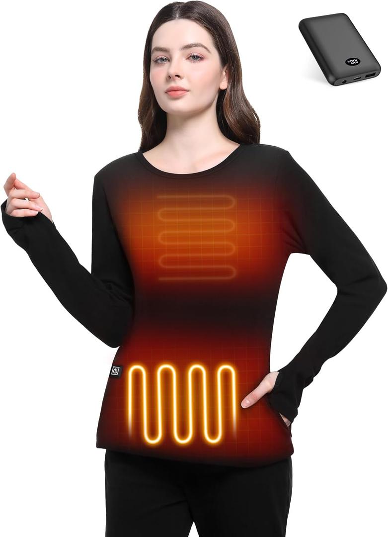 FERNIDA Women Heated Shirt with Battery Pack 7.4V Electric Heating Thermal Top Fleece Lined Heated Base Layer with Thumb Hole (Small, All Black)
