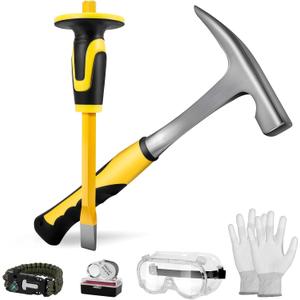6 Pcs Rock Hammer Geology Starter Kit - 32 oz Masonry Hammers with 12" Mason Chisel Survival Bracelet Safety Glasses Jewelers Loupe Gloves for Hounding Gold Mining Prospecting Stone Breaking