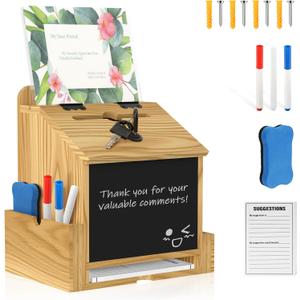 Wooden Suggestion Box with Acrylic Sign Holder, Locking Donation Box for Prayer, Comment , Ballot & Fundraising, Office Feedback Box With 50 Suggestion Cards and Pens, Wall Mounted or Countertop