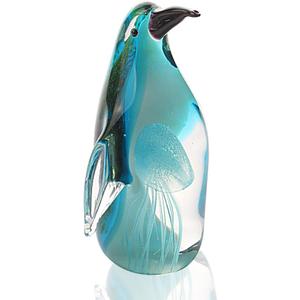 Hophen Art Glass Penguin with Jellyfish Figurine Handmade Blown Crystal Penguin Sculpture Animal Statue Paperweight Collectable Desk Decoration Ornaments